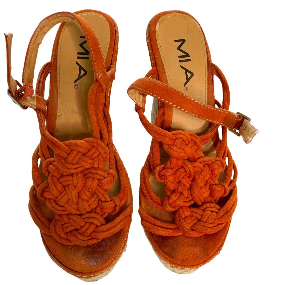 MIA Women’s Size 6 Burnt Orange Suede Macrame Cork Espadrille Wedge Sandals Y2K